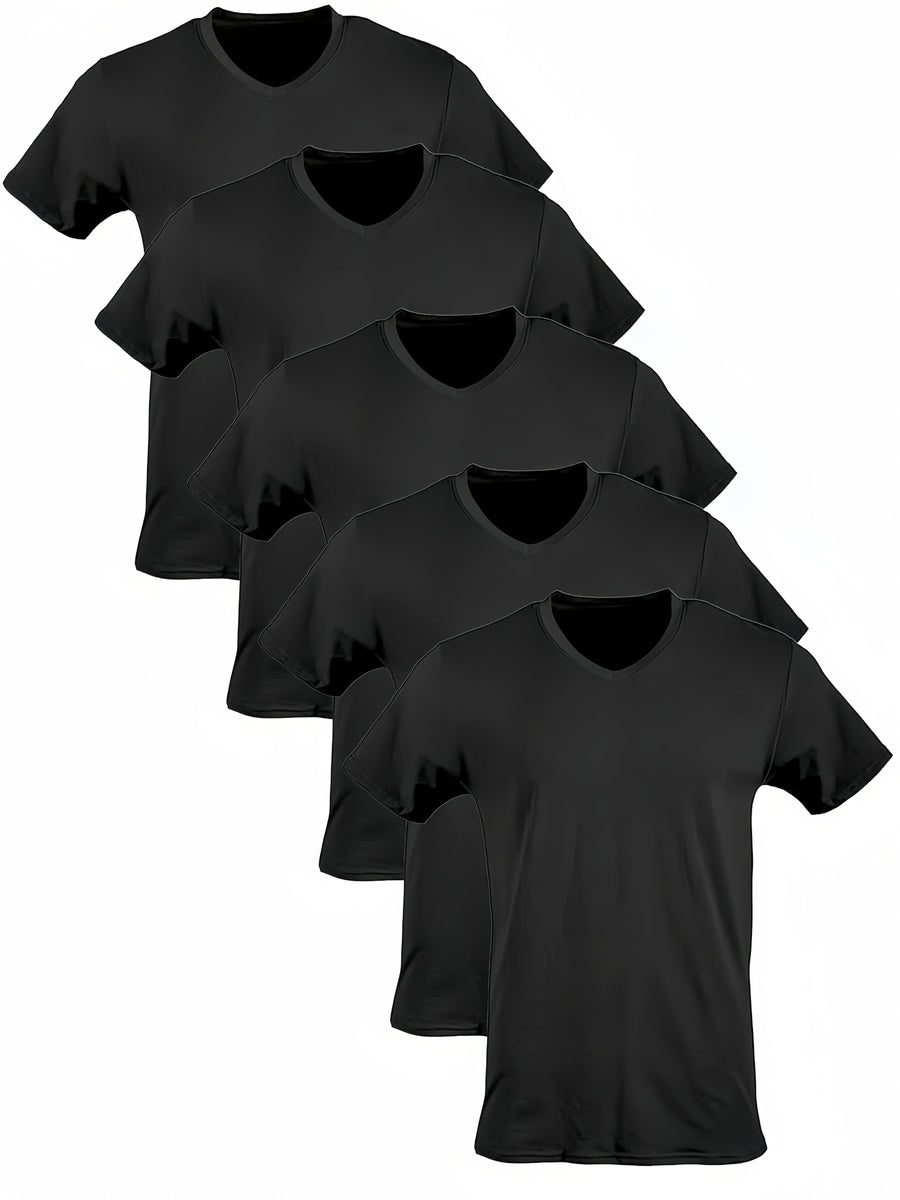 Men'S Summer Classic V-Neck Casual Short Sleeve T-Shirt 5pcs Set, Summer Essential | Solid Color, Quick-Dry Polyester Fiber, Ideal for Outdoor Running And Exercise, Machine Washable - 5PCS-Black
