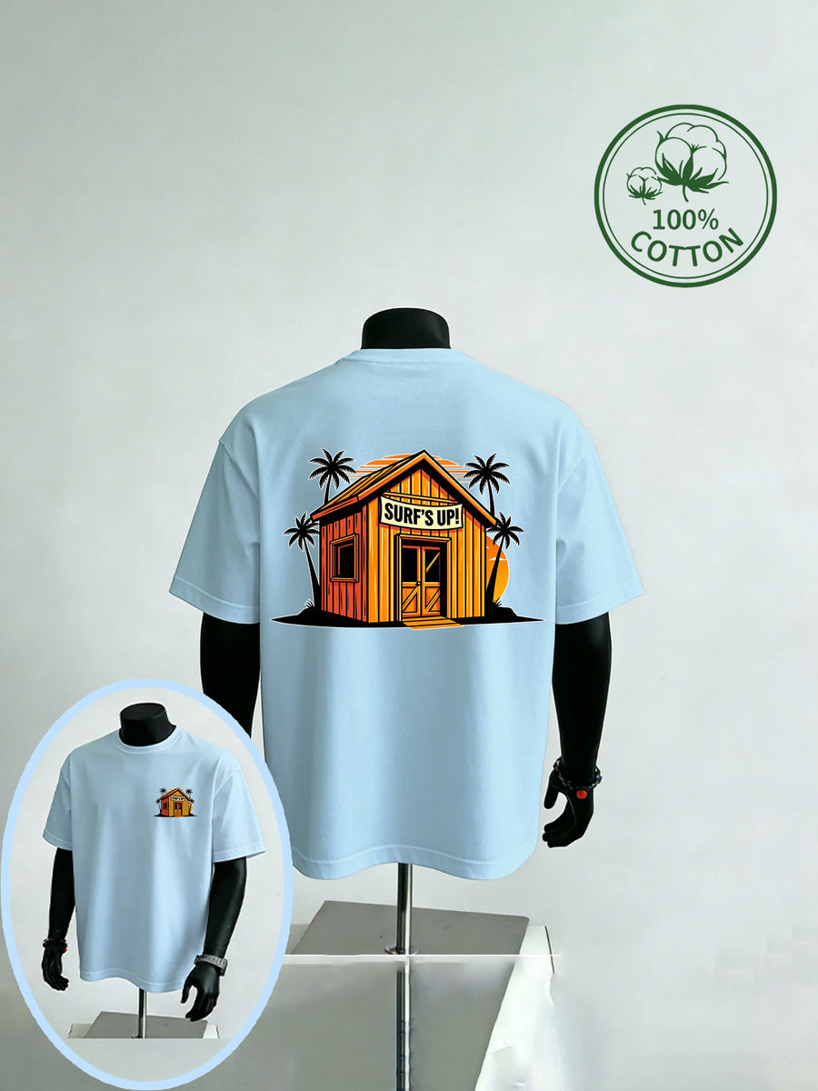 New Summer Style Beach Surf Shack Print Men's Casual Sport Fitness Pure Cotton Short-Sleeve Shirt, Moisture-Wicking and Sweat-Absorbing, Comfortable for Casual Outings and Outdoor Sports and Fitness - Light Blue