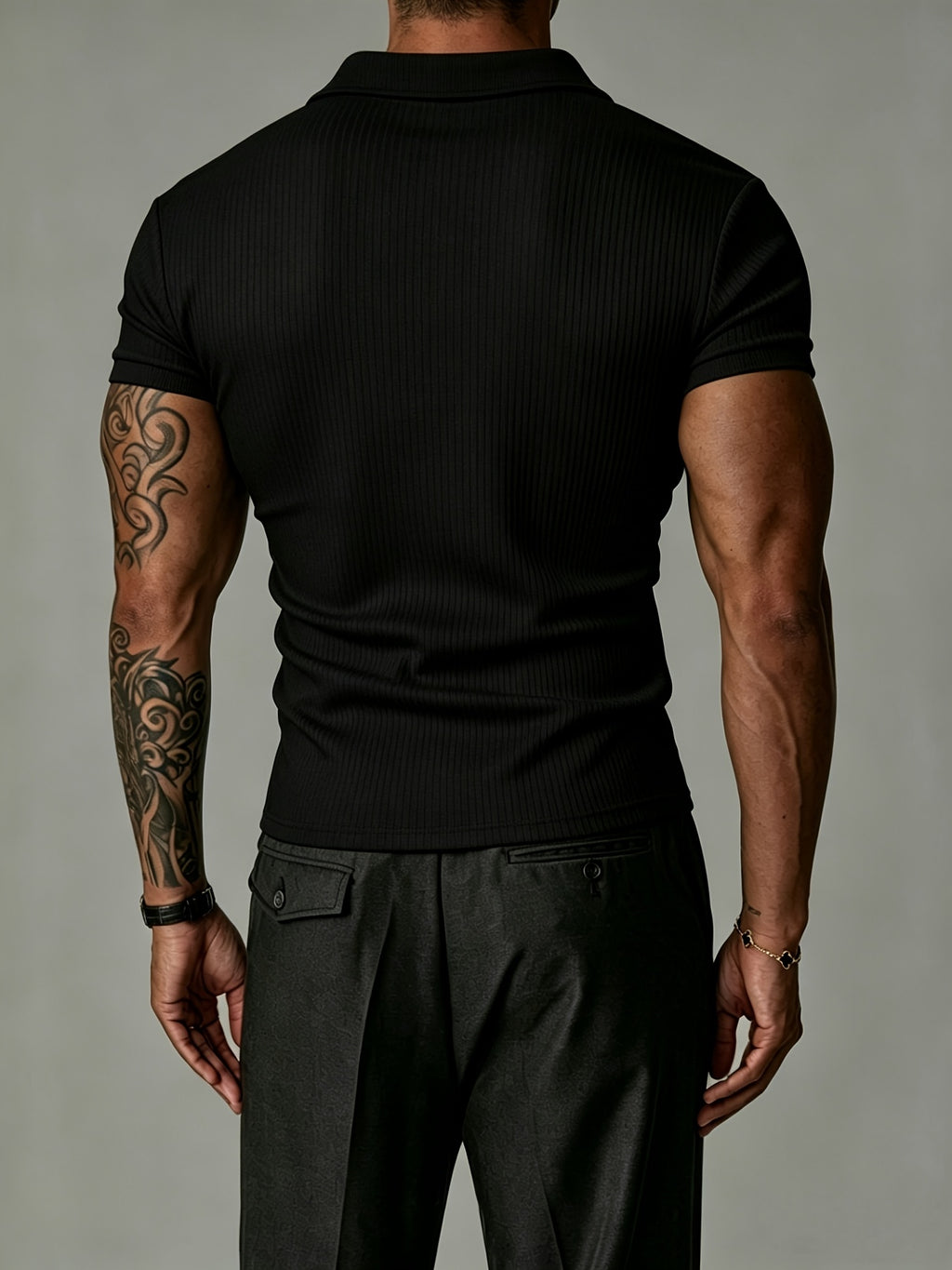 [Josh Mei OBM] 2026 Light Business Men'S White Textured Polo Short Sleeve Vertical Ribbed Henley Half-Button Collar Short Sleeve Stretch Slim Commute Date Versatile Top - Black