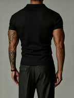[Josh Mei OBM] 2026 Light Business Men'S White Textured Polo Short Sleeve Vertical Ribbed Henley Half-Button Collar Short Sleeve Stretch Slim Commute Date Versatile Top - Black
