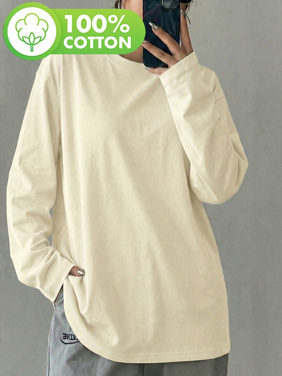 Women'S 100% Solid Color Long Sleeve T-Shirt, Round Neck, Comfortable Casual Wear for Everyday Use - Apricot
