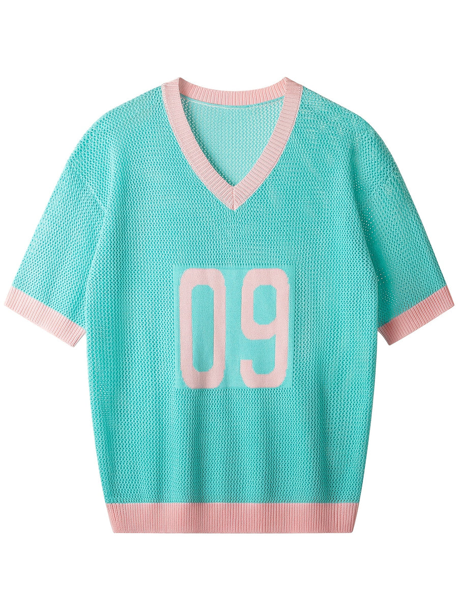 Spring Summer New Men'S Short Sleeve Hollow Loose Knit Pullover Top V-Neck Pullover Casual Outdoor Top - Light Blue