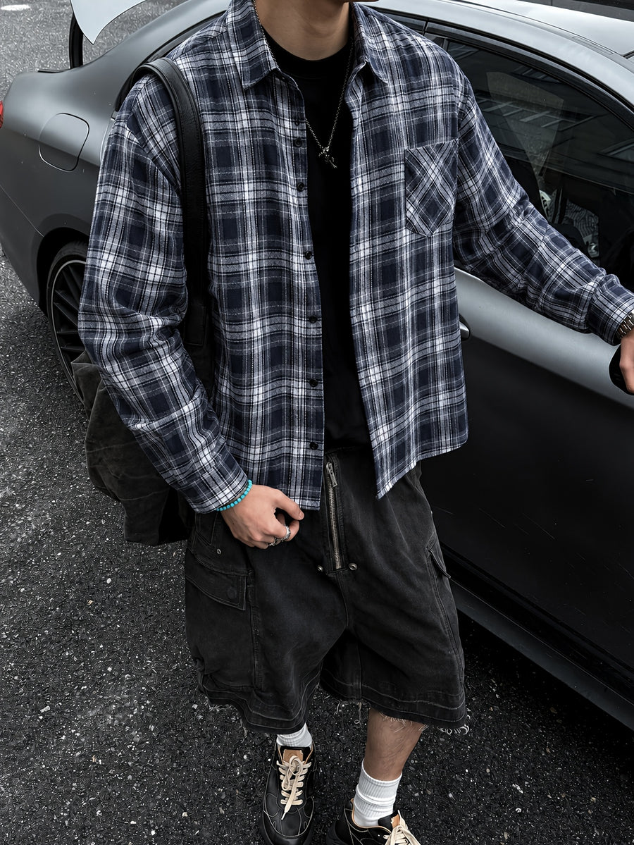 Men'S Vintage Plaid Long Sleeve Shirt, Loose Casual Button-Up Jacket Style Overshirt, Japanese Trendy Brand Lapel Checkered Shirt, Suitable for Outdoor Daily Wear in Spring, Autumn, And Winter - Navy Color