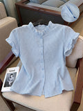 Women's Ruffle Collar Short Sleeve Single-Breasted Striped Shirt - Blue Stripes