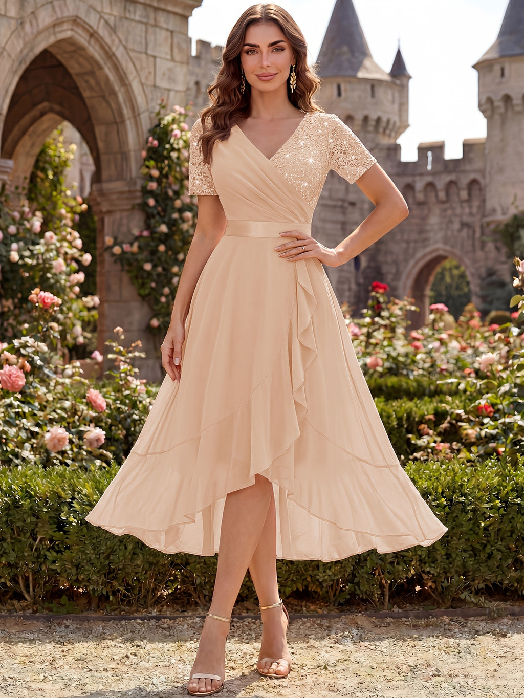 Women'S Elegant V-Neck Lace Chiffon Ruffled Trim Slit Wedding Party Long Dress - Champagne