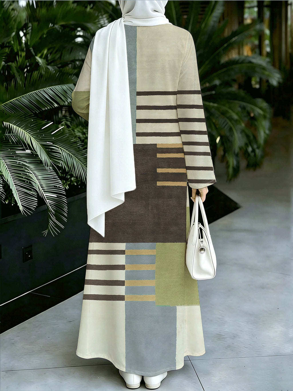 Asian Size 1pc 2D Flat Printed Design Muslim Robe Women's Khaki Grey Plaid Striped Patchwork Long Sleeve Abaya Maxi Dress Daily Commuting and Home Wear - Eid Festival Dress  Prayer, Family Gathering -Comfortable Abayas Robe Middle, 2D Flat - Mixed Color 3
