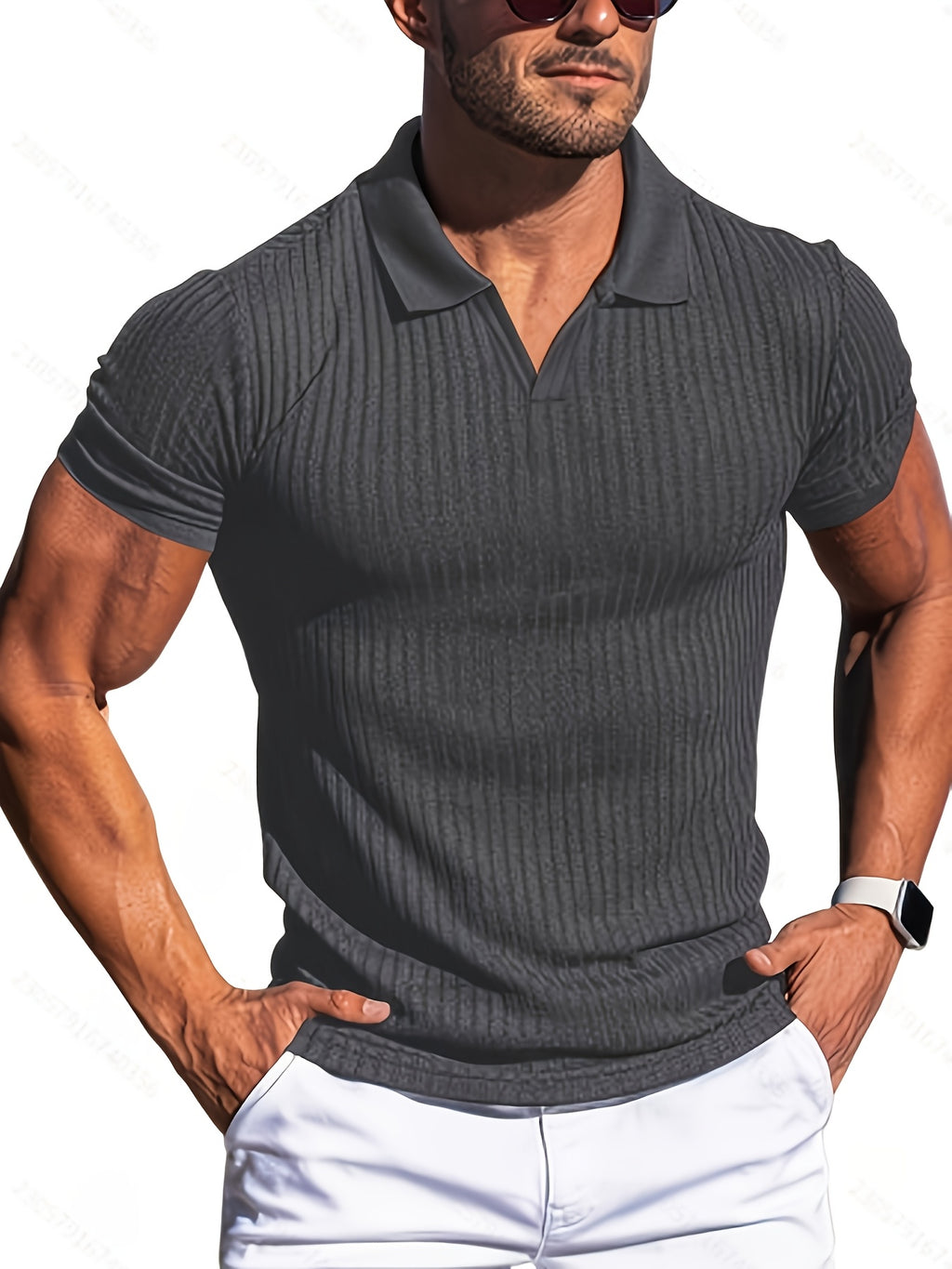 KJ-P6-V Summer Beach Athletic Style Polo Shirt Men'S Vertical Striped Collar Short Sleeve Fitness Casual Versatile T-Shirt 3pcs Set - Light Gray Black Dark Gray