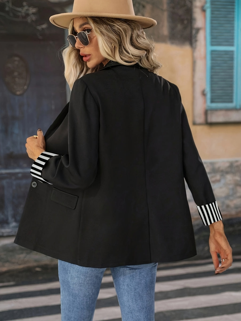 New Women's Striped Trim Patchwork Buttoned Suit Thin Blazer, Four Seasons Style, Suitable for Commuting and Daily Wear, 598# - Black