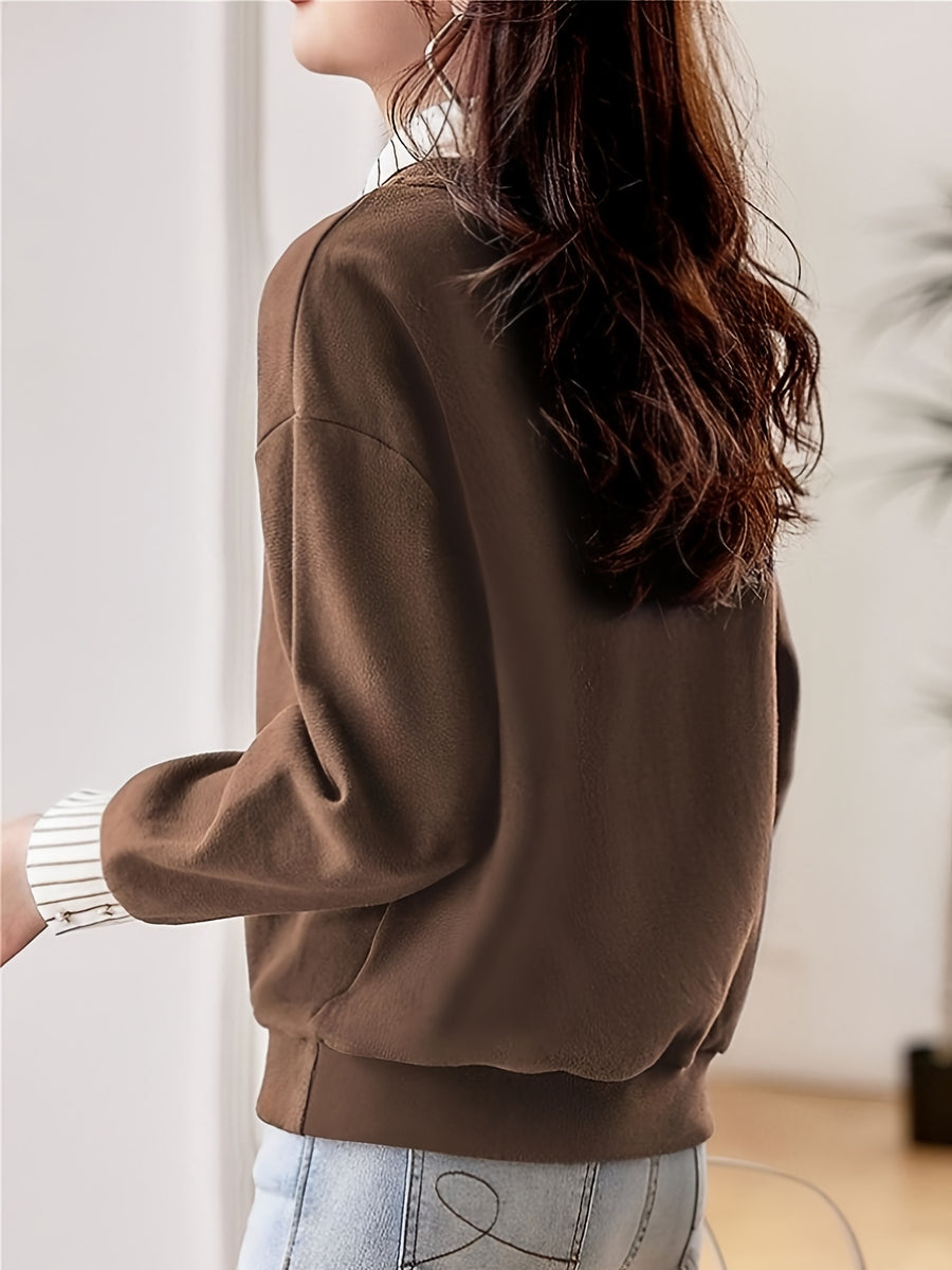 Women'S Fall Winter Casual Comfortable Fashion Long Sleeve Collared Striped Collar Polo Shirt - Coffee Brown