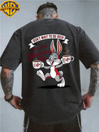 Warner Bros. Officially Authorizes Joyful Cartoon Rabbit Handheld Two Cups of Coffee Printed Retro Washed Outdated Short Sleeve T-Shirt for Men And Women, Machine Washable Daily Commuter Outdoor Sports And Leisure Top - Black