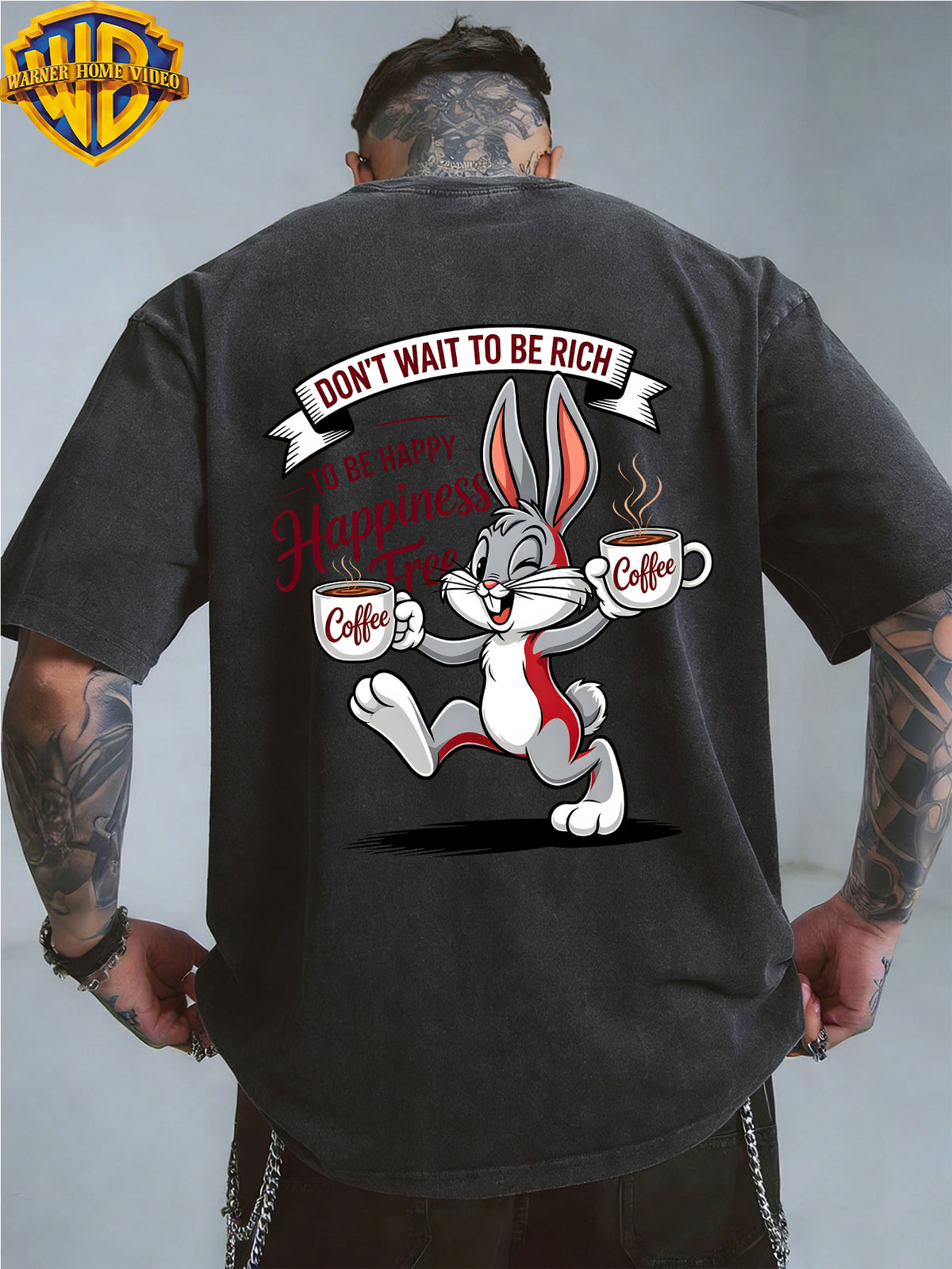 Warner Bros. Officially Authorizes Joyful Cartoon Rabbit Handheld Two Cups of Coffee Printed Retro Washed Outdated Short Sleeve T-Shirt for Men And Women, Machine Washable Daily Commuter Outdoor Sports And Leisure Top - Black
