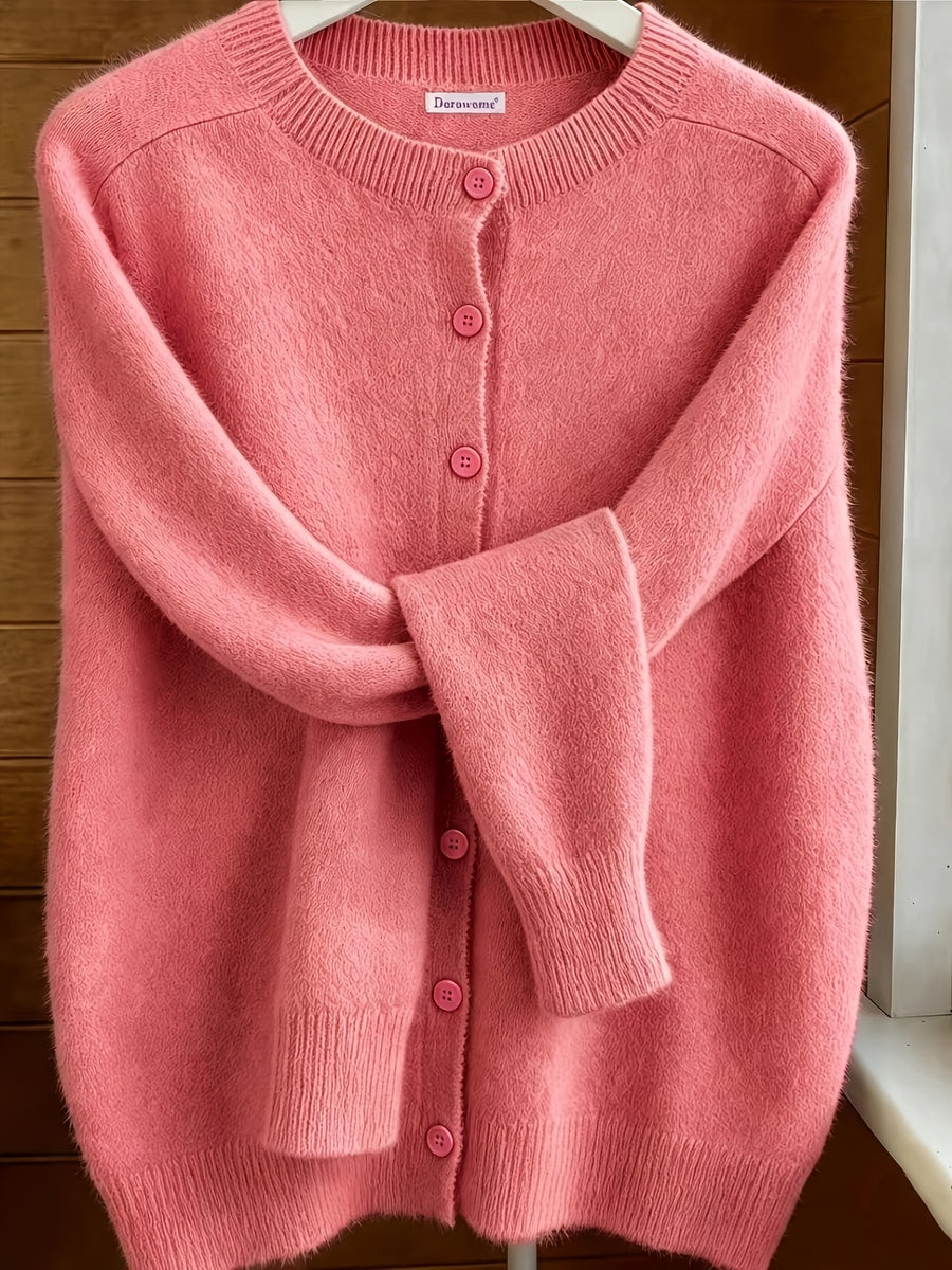 Spring Autumn Solid Color Round Neck Button Sweater Open Cardigan, Loose Casual Fashion Versatile Jacket, Soft Comfortable Elegant Women'S Top - Dusty Rose