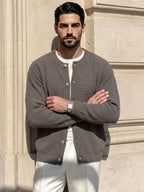 Autumn Winter 26 New Solid Color Round Neck Retro Thick Texture Sense Cardigan Unisex Outerwear Long Sleeve Sweater Khaki Short Length Open Front Jacket - Khaki