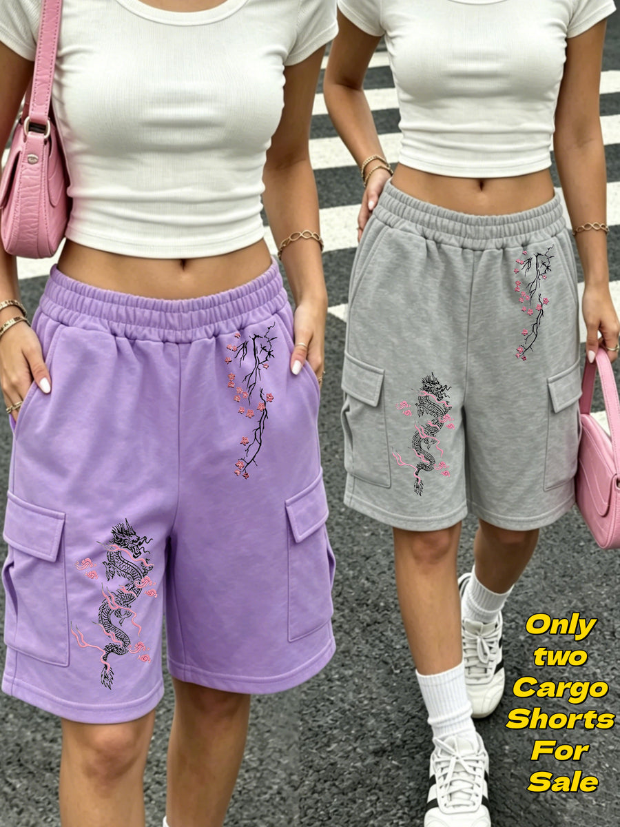 Japanese Style Printed Cargo Shorts 2Pcss Set, Loose Wide-Leg Bermuda Shorts with Leg-Smoothing Cut, Elastic Drawstring High-Waist Comfortable Fit, Soft Breathable Fabric Suitable for Street Outings, Campus Commute, And Home Walks - Purple+Grey
