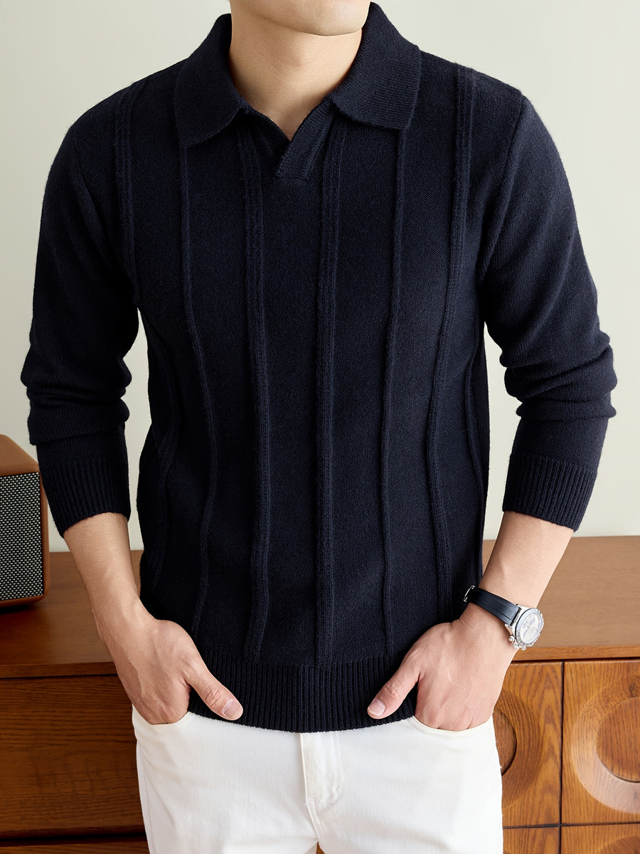 Men's Fall Winter V-Neck Buttonless Collar Knit Polo Sweater, Vertical Ribbed Long Sleeve Pullover with Ribbed Trim, Casual Top - Black