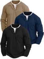 3pcs Men'S Spring Autumn New Waffle Check Fake Two-Piece Round Neck Long Sleeve Shirt Easy Armbag Design Fashion Trendy Convenient Daily Commuting Sports Fitness Wear - Black + Navy Blue + Khaki