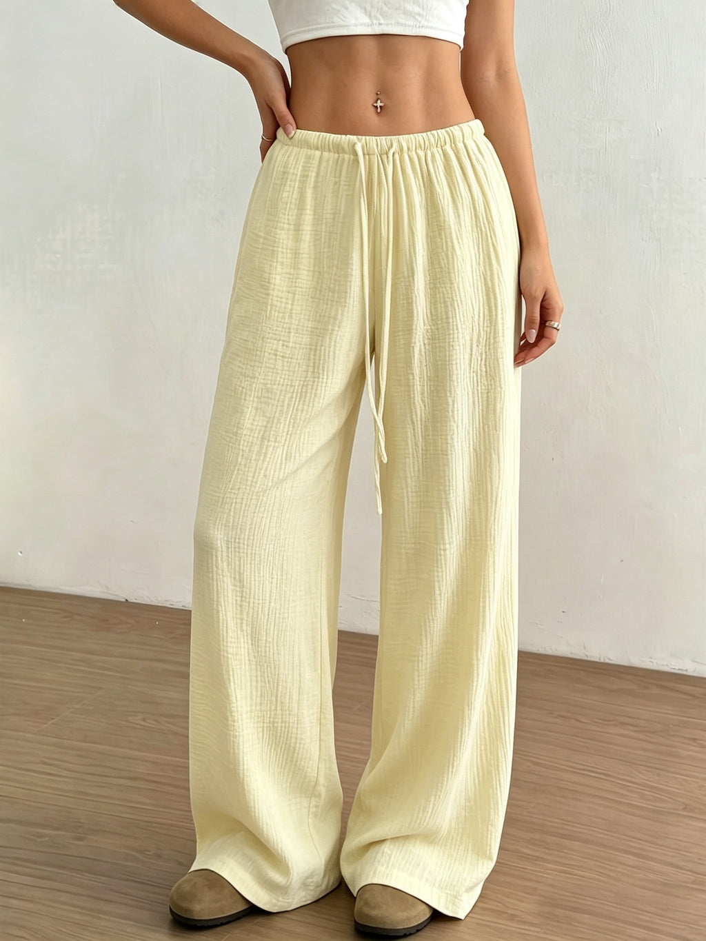 Women's Solid Color Wide-Leg Trousers - Elastic Waist Straight-Leg Pants with Adjustable Drawstring, Lightweight Loose Wide Pants Suitable for Spring Summer Fall, Casual Office Wear, Machine Washable Wide Leg Pants for Blouses - 【Light Yellow】