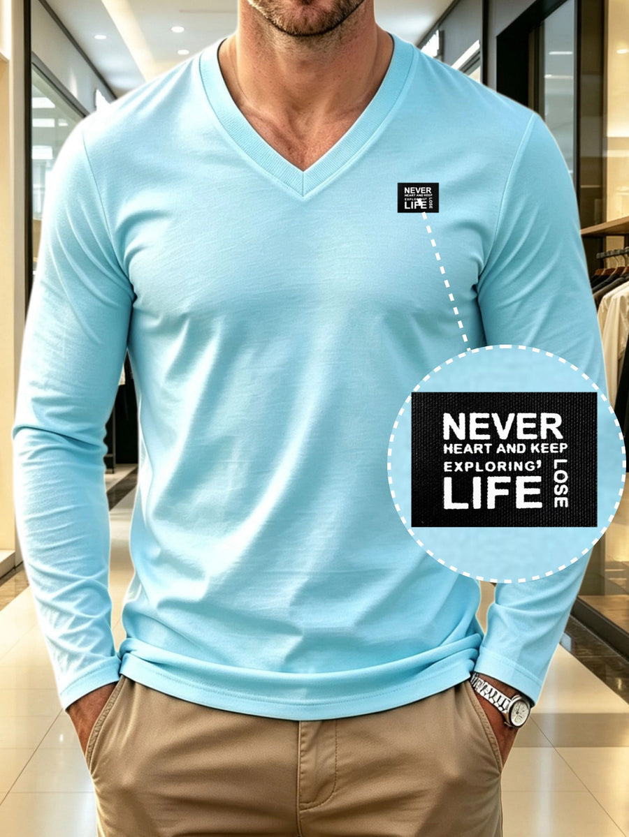 100%, Men'S V-Neck Long Sleeve Short-Sleeve T-Shirt, Men'S Knit Sweatshirt, Casual Sports Outdoor Top, Men'S Casual All-Match T-Shirt, Back to School Season, Gift for Friends - Sky Blue 2