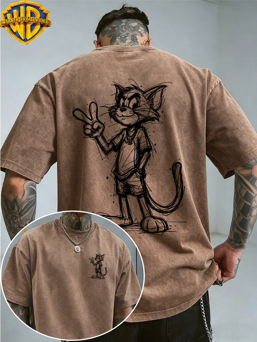 Warner Bros. Official License, Classic Cartoon Character Trendy V-Sign Hand-Drawn Line Print, American Retro Washed Distressed T-Shirt, Unisex, Machine Washable, Suitable for Daily Commute And Outdoor Wear - Coffee Color