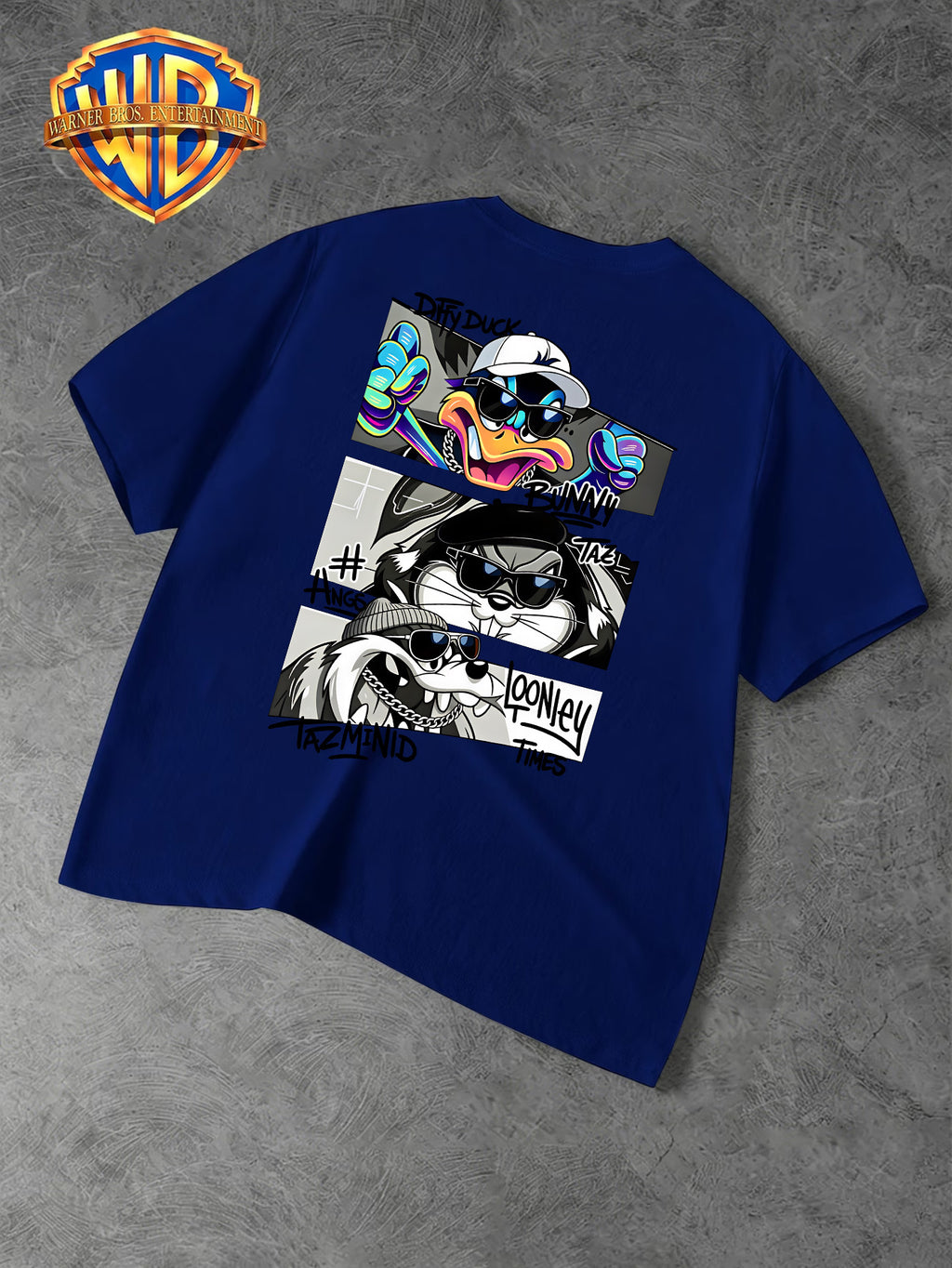 Warner Bros. Official Men's Casual T-Shirt with Double-Sided Print, Featuring a Spliced  Character Streetwear Graphic. Breathable and Comfortable, Versatile for Casual Wear. Print Is Durable, Crack-Resistant, Machine Washable, and Fade-Resistant. - Royal Blue