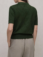 Women's Collar Rhombus Pattern Short Sleeve Top, Versatile Commuter Style for Spring and Summer - Olive Green