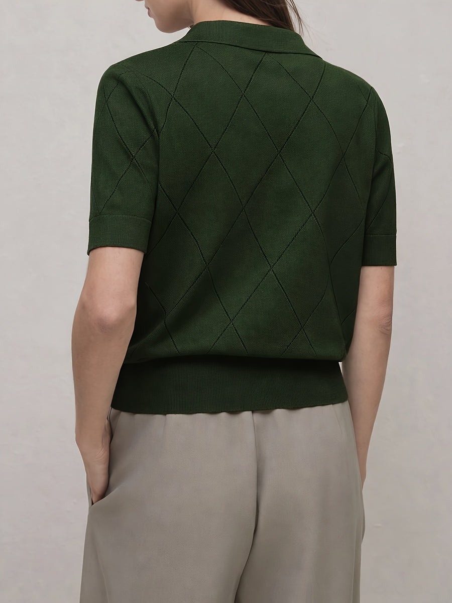 Women's Collar Rhombus Pattern Short Sleeve Top, Versatile Commuter Style for Spring and Summer - Olive Green