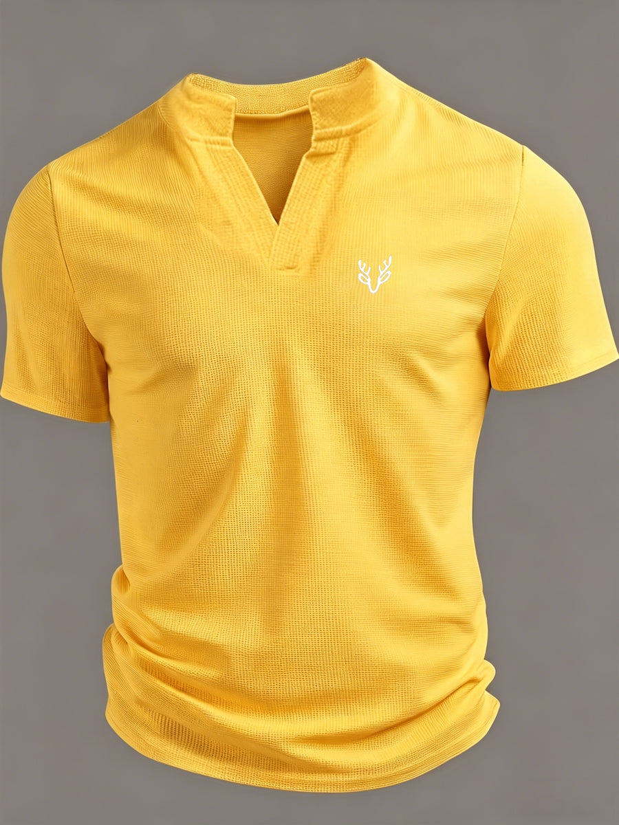 Men's V-neck Short-Sleeve T-shirt with Unique Small Print, Waffle Knit Fabric, Comfortable Men's Half-Sleeve Top - Yellow 2