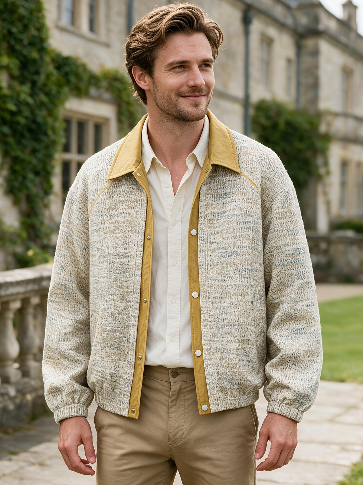 2-in-1 Look Color-Block Lapel Jacket for Men, Autumn High-End Textured Outerwear, Vintage Loose Fit Casual Top - Khaki