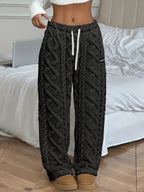 Women's Winter -Lined Casual Pants, Jacquard Fabric, Drawstring Waist, Suitable for Winter Home and Outdoor Wear - Black