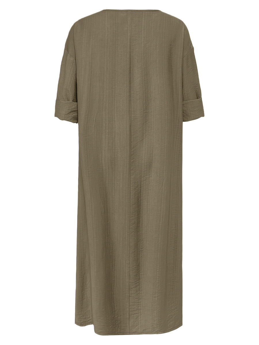 Women'S V-Neck Casual Long Sleeve Dress - Coffee Brown