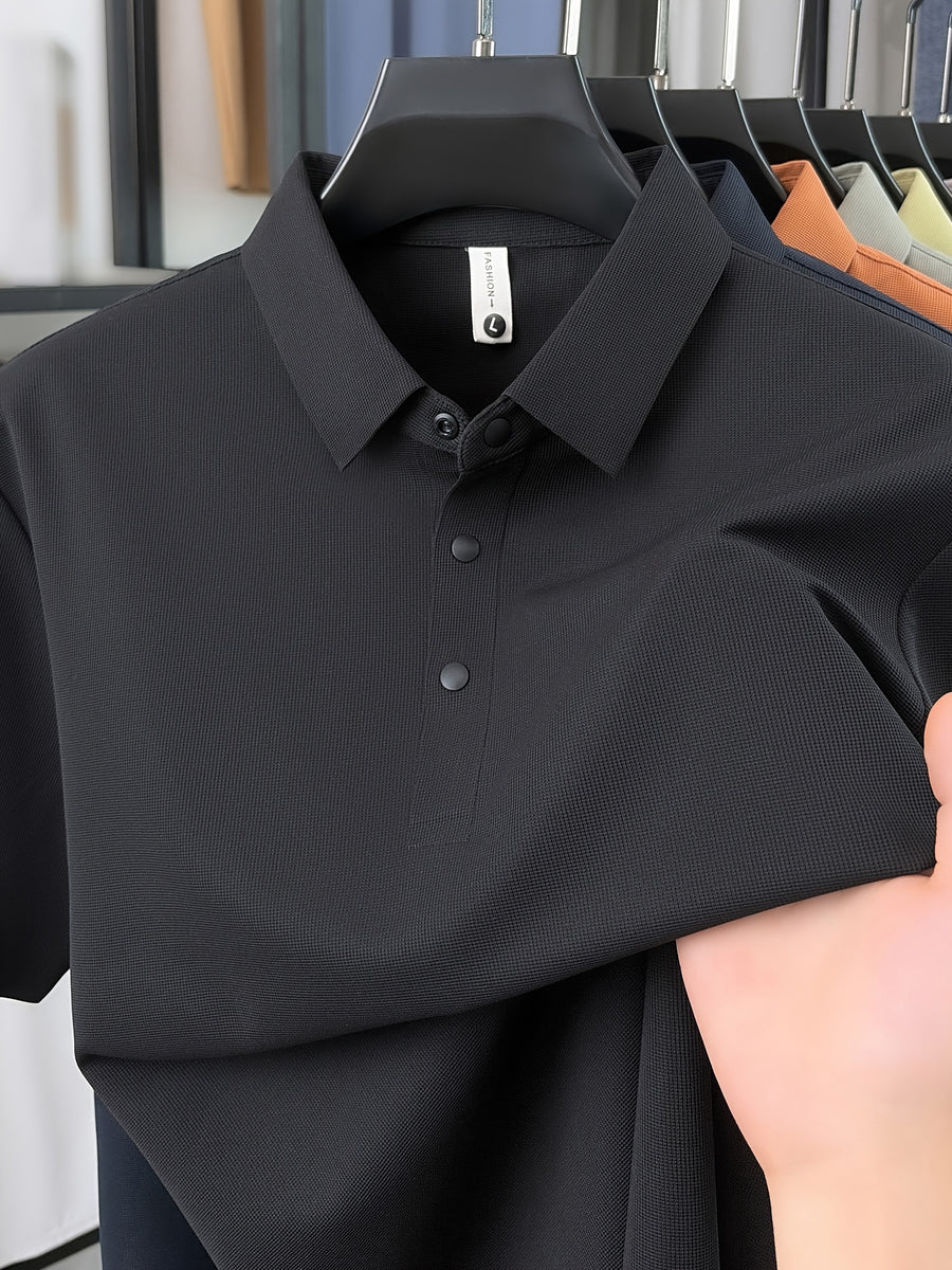 SaXing OBM New Spring/Summer Men's Polo Shirt, Old Money Style Textured Waffle Knit Solid Color Contrast Seamless Half-Placket Single-Breasted Lapel Short-Sleeve T-Shirt, Men's Fashionable Versatile Pullover Base Layer Top with Split Hem Design - Black