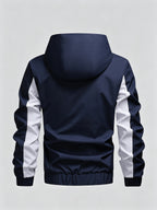 Men's Color Block Patchwork Hooded Sport Jacket with Adjustable Drawstring Hood and Zipper, Versatile Casual Jacket for Campus, Commuting, Hiking, Jogging, and Daily Wear - 25016 - Dark Blue