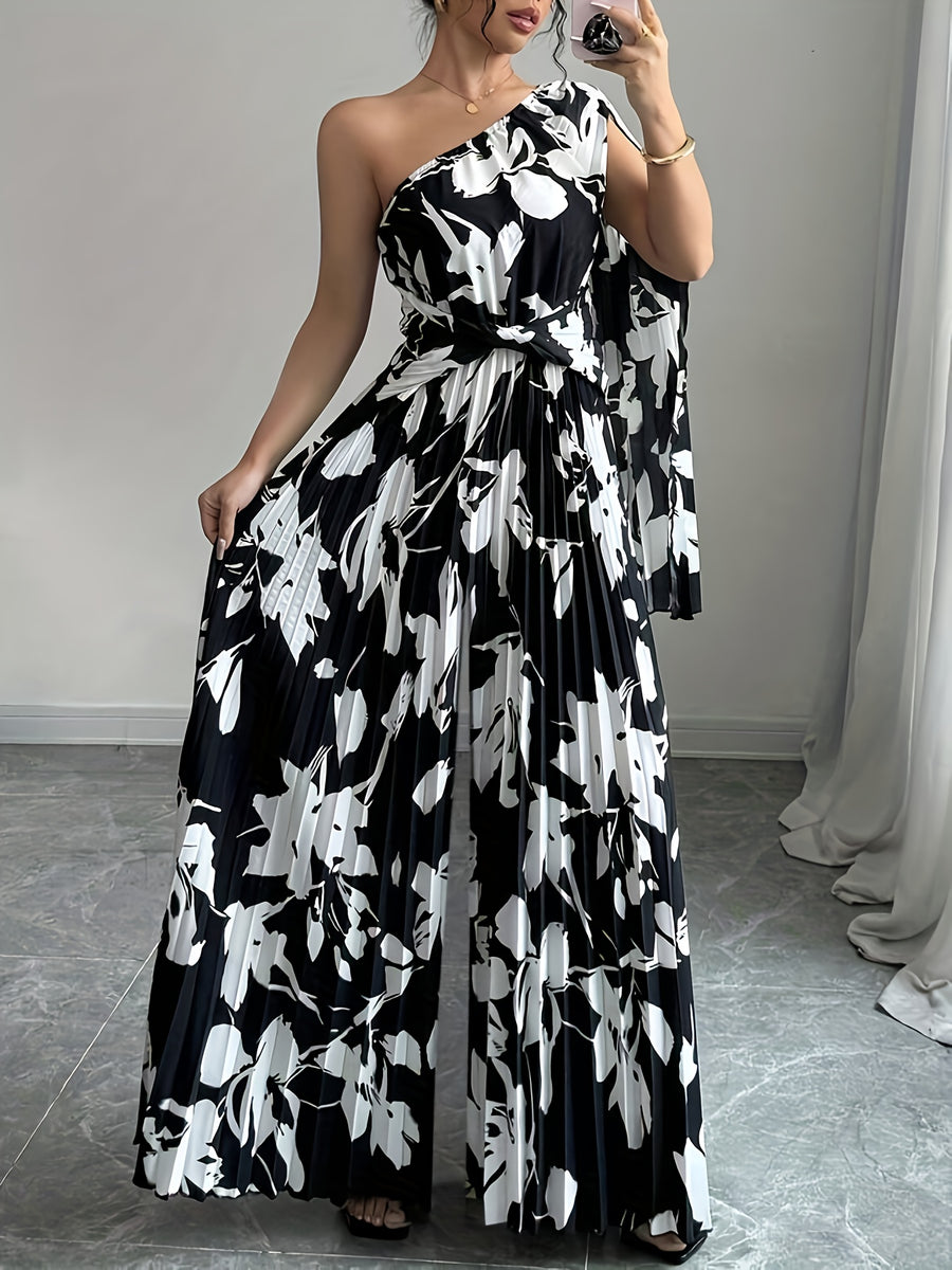 Women'S Casual Elegant Vacation Asymmetrical Trumpet Sleeve Black And White Printed Pleated Jumpsuit, Spring Summer Collection - Black And White