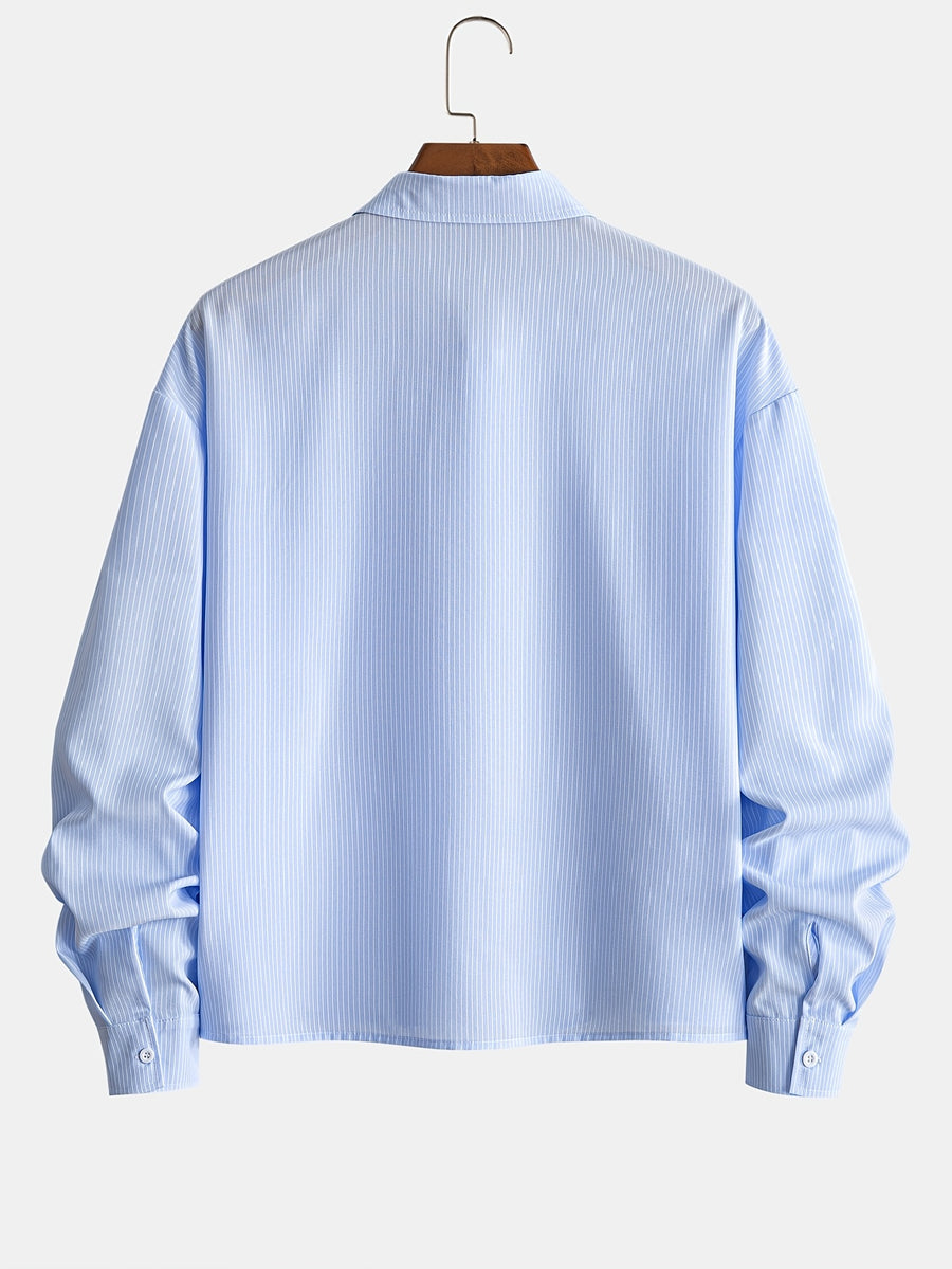 Men's Striped Long-Sleeve Shirt with Letter Iron-On Print, Trendy and Fashionable, Light Business Casual, Simple Four-Season Style, Short and Long-Sleeve Shirt - Blue