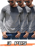Men'S Spring Autumn Base Layer Sweater 3pcs Set Casual Striped Pullover Color-Block Round Neck Men'S Knitwear - Grey