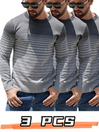 Men'S Spring Autumn Base Layer Sweater 3pcs Set Casual Striped Pullover Color-Block Round Neck Men'S Knitwear - Grey