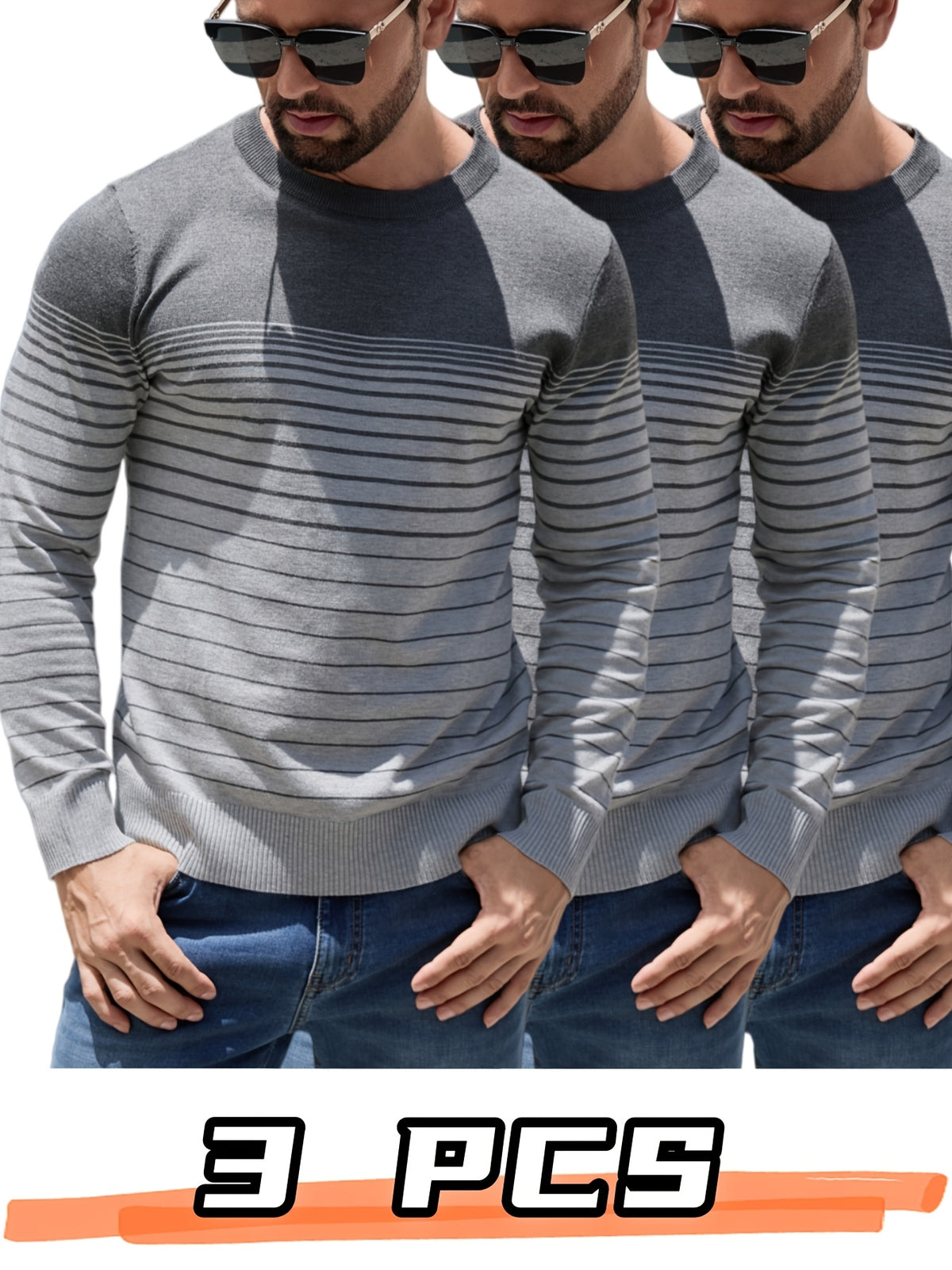 Men'S Spring Autumn Base Layer Sweater 3pcs Set Casual Striped Pullover Color-Block Round Neck Men'S Knitwear - Grey