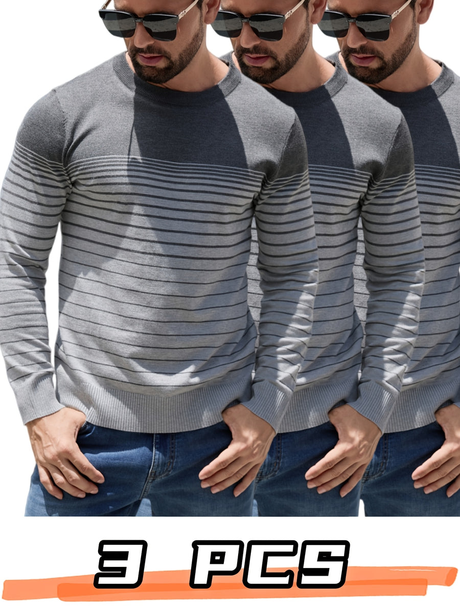 Men'S Spring Autumn Base Layer Sweater 3pcs Set Casual Striped Pullover Color-Block Round Neck Men'S Knitwear - Grey