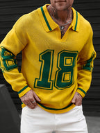 JANE DRESSINGLOG Men'S Autumn Winter Fashion Polo Collar Pullover Sweater, Trendy Lapel Contrast Number Design Sporty Warm Knitwear, Autumn Winter Commute Casual Outing Wear - Yellow