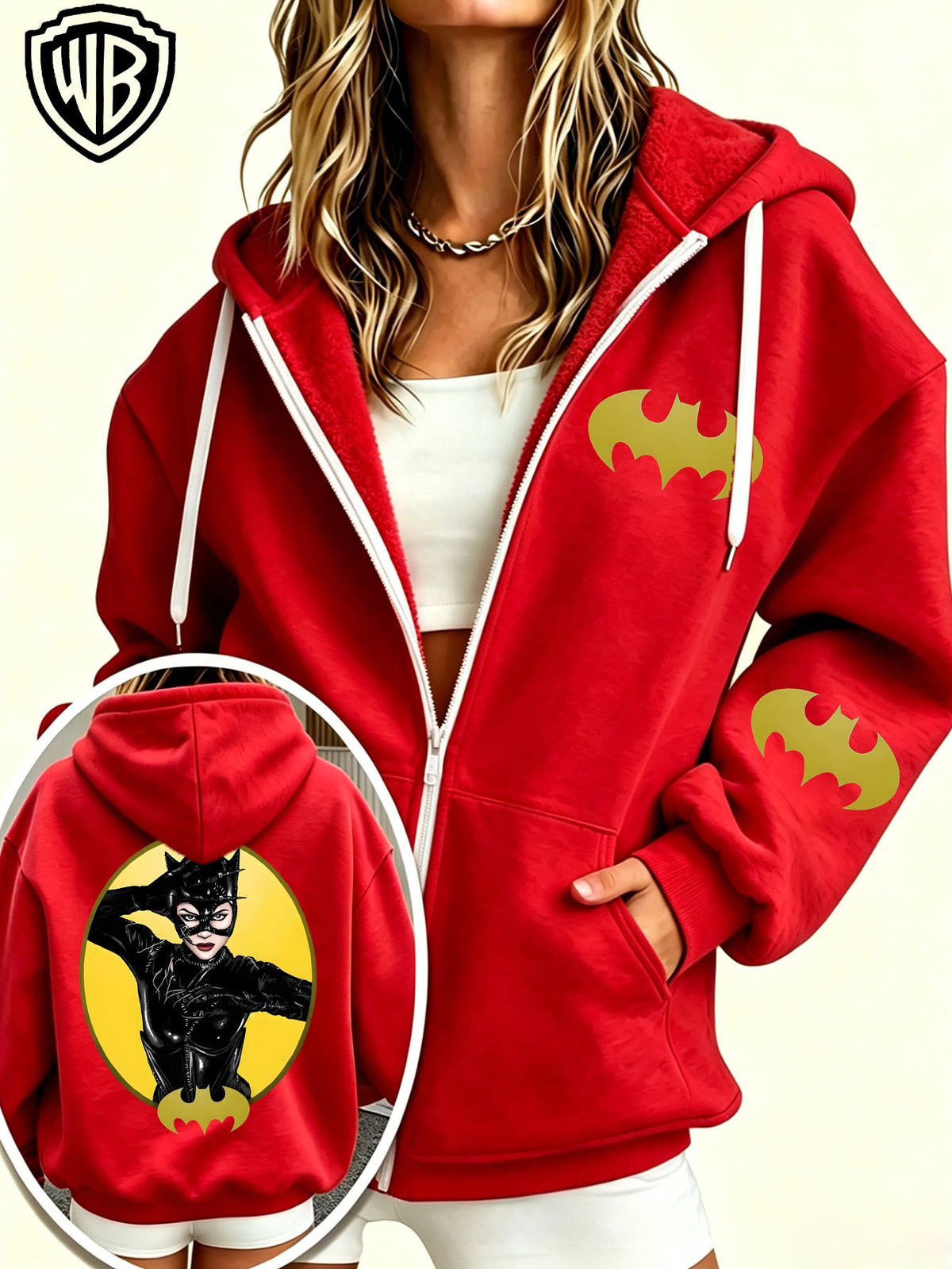 2026 Women's Hoodie DC Batman Catwoman Character Bat Logo Print Zip-Up Open Front Hooded Top Trendy Women's Jacket - Red
