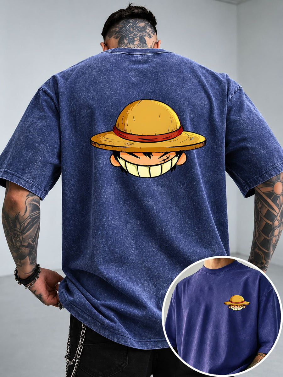 Straw Hat Cartoon Boy Portrait Print Men's Vintage Washed Loose Fit Pure Cotton Short Sleeve T-Shirt - Blue
