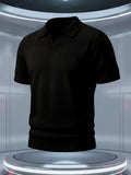 Men'S Short-Sleeve Knit Polo Shirt, American Collar, Breathable Mesh Design with Ordered Grid, Non-Sheer And Classic Look, Light Business Casual Premium Fabric, Golf Polo Top, Buttonless Collar Knit Short Sleeve - Black