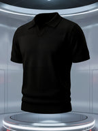 Men'S Short-Sleeve Knit Polo Shirt, American Collar, Breathable Mesh Design with Ordered Grid, Non-Sheer And Classic Look, Light Business Casual Premium Fabric, Golf Polo Top, Buttonless Collar Knit Short Sleeve - Black