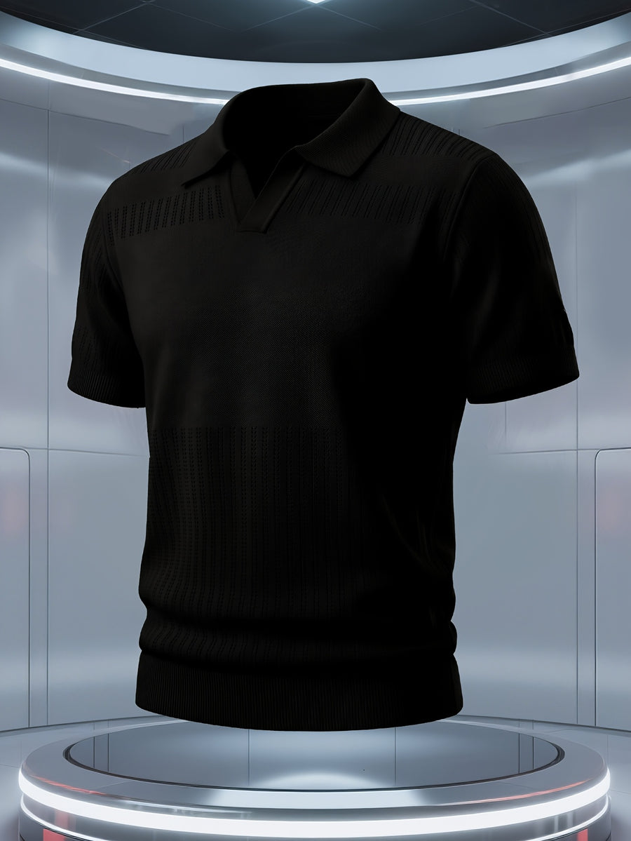 Men'S Short-Sleeve Knit Polo Shirt, American Collar, Breathable Mesh Design with Ordered Grid, Non-Sheer And Classic Look, Light Business Casual Premium Fabric, Golf Polo Top, Buttonless Collar Knit Short Sleeve - Black