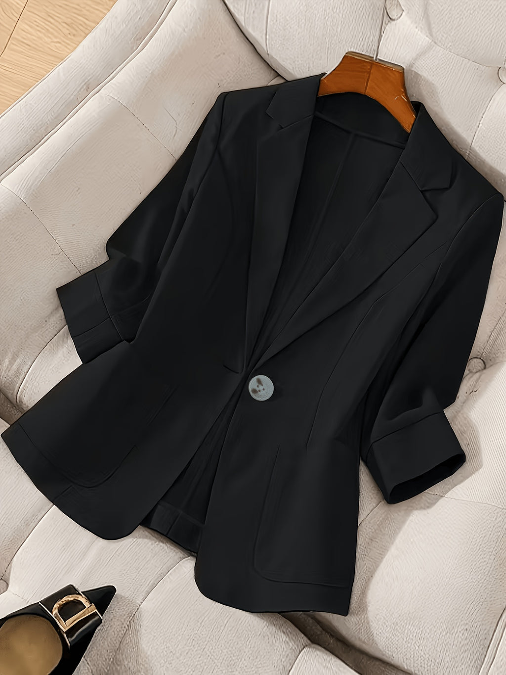 Women'S Casual Solid Single-Breasted Blazer, Spring/Summer Thin 3/4 Sleeve Lapel Coat - Black
