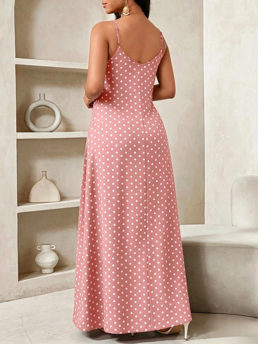 Women'S Summer Casual Vacation Style Polka Dot Printed Loose Pocket Buckle Dress - Pink