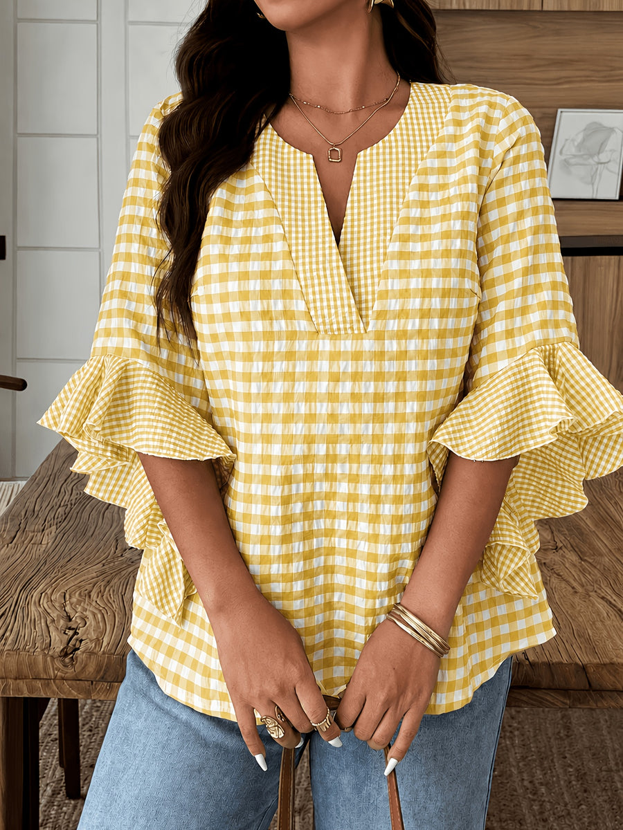 Women's Colorful Plaid Flared Sleeve Shirt for Spring, Summer, and Autumn, Casual Checkered Patchwork Shirt with Large and Small Plaid Patterns, Plaid Shirt for Vacation, Leisure, and Work Commutes - Lemon Yellow