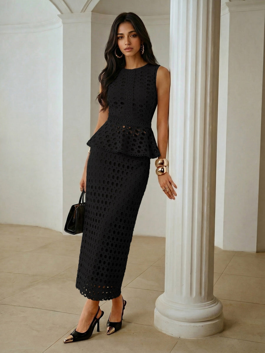 French Hollow-Out Lace Spliced Camisole Top And Straight Midi Skirt 2pcs Set, Elegant Women'S Wear for Daily Commute And Dating - Black