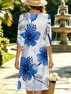 Blue Wild Flower Women'S V-Neck 3/4 Sleeve All-Over Print Midi Dress, Fashion Front Slit Dress, Versatile for Daily Commute, Home & Dates, Ideal Gift Choice - Multicolor
