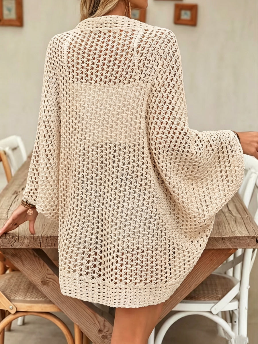 Elegant Spring and Summer Women's Cape Style Hollow Cardigan, Women's Vacation Beach Cardigan, Breathable Sweater Cover-Up - Apricot